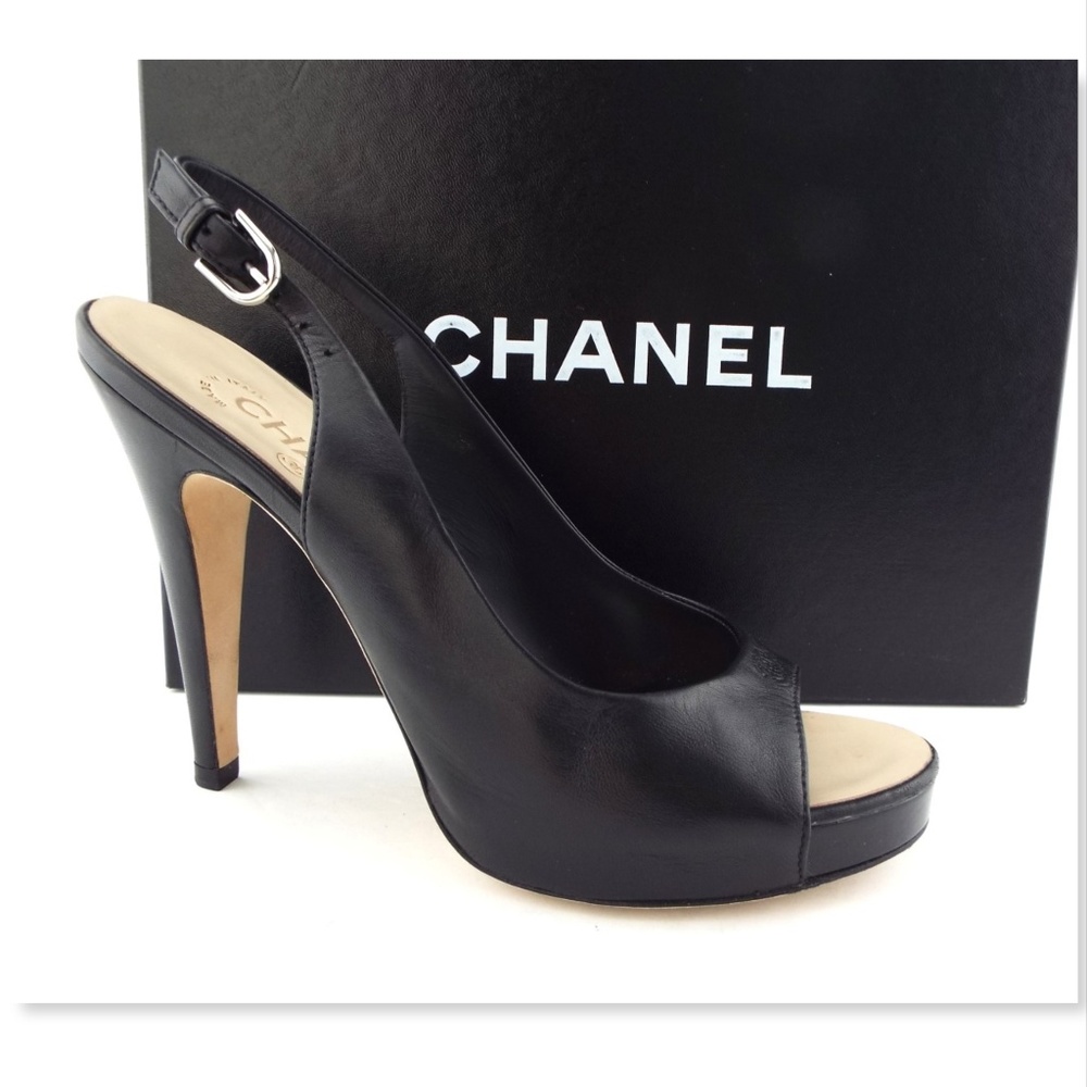 CHANEL Black CC Logo Open Toe Slingback Pumps 38.5